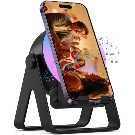 Jioakfa 4 In1 Wireless Induction Speaker Phone Stand, Cell Phone Stand With Bluetooth Speaker, Stereo Sound, Rgb Ambient Light, Phone Holder For ,Android Phones, Ipads, Tablets, E-Reader Black