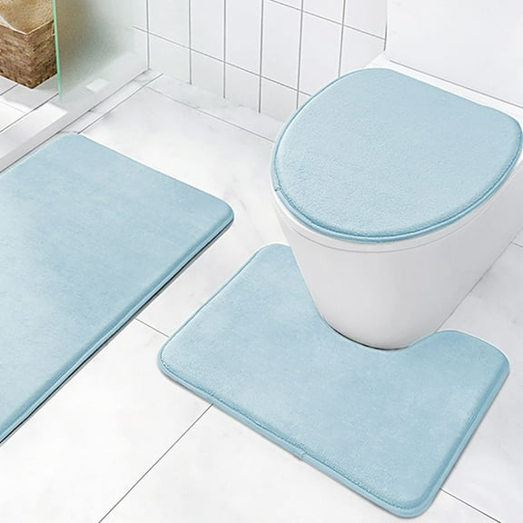 Jioakfa Flocked Cushion Bathroom Rugs Set Of 3,Absorbent Bathroom Carpet+U Shape Toilet Rug+Toilet Lid Cover Light Blue