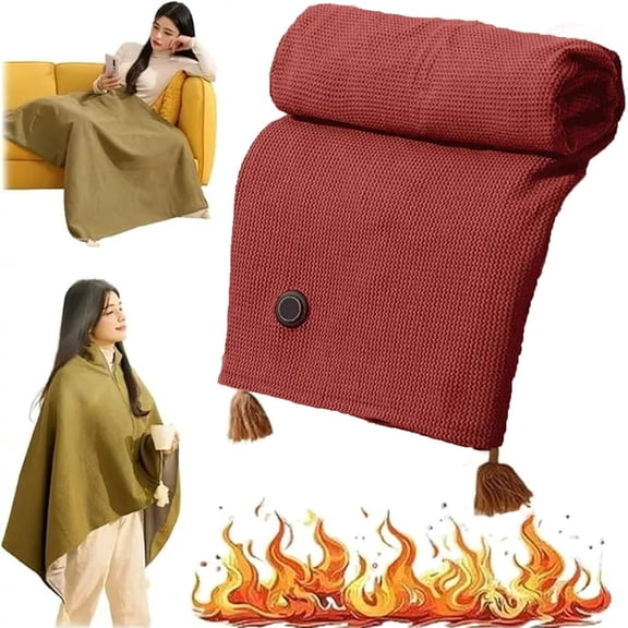 Jioakfa Portable Heated Shawl Wraps For Women, Usb Wearable Cordless Electric Heated Blanket With 3 Heating Levels, Portable Electric Throw, 15S Fast Heating Soft Zipper Shawl, Washable Red 150*80Cm