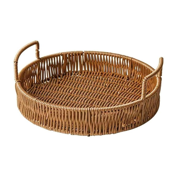 Jioakfa Rattan Serving Tray With Handles Round Hand-Woven Decorative Tray For Storage Breakfast, Drinks, Snack,Rectangular Basket Organizer Tray For Coffee Table, Home Decor Brown M