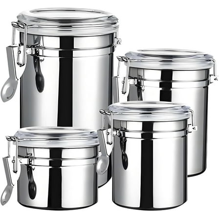 Jioakfa Set Of 4 Stainless Steel Canisters, Airtight Food Storage Canister Set With Clear Lid Kitchen Containers Sets For Coffee Bean, Cereal, Sugar, Flour, Tea, Candy, Cookie, Spice A