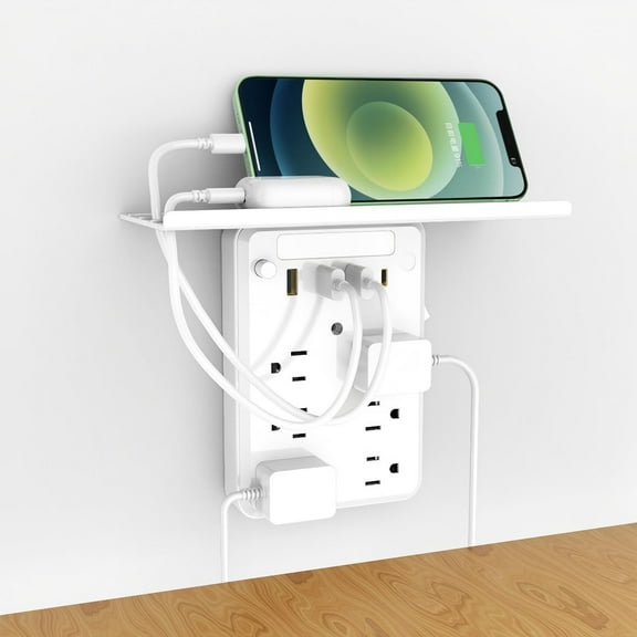 Jioakfa Socket Outlet Shelf, Power Charger With Shelf, Wall Outlet Extender Surge Protector With 6 Ac Outlets, 4 Usb Ports(1 Usb C) Plug Expander Charger Shelf With Storage For Home, Dorm White