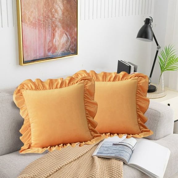 Jioakfa Velvet Throw Pillow Cover With Ruffles Include Pillow Core Soft Decorative Luxurious Solid Square Cushion Case For Sofa Couch Bedroom Farmhouse Yellow-A 20.5X20.5Inch