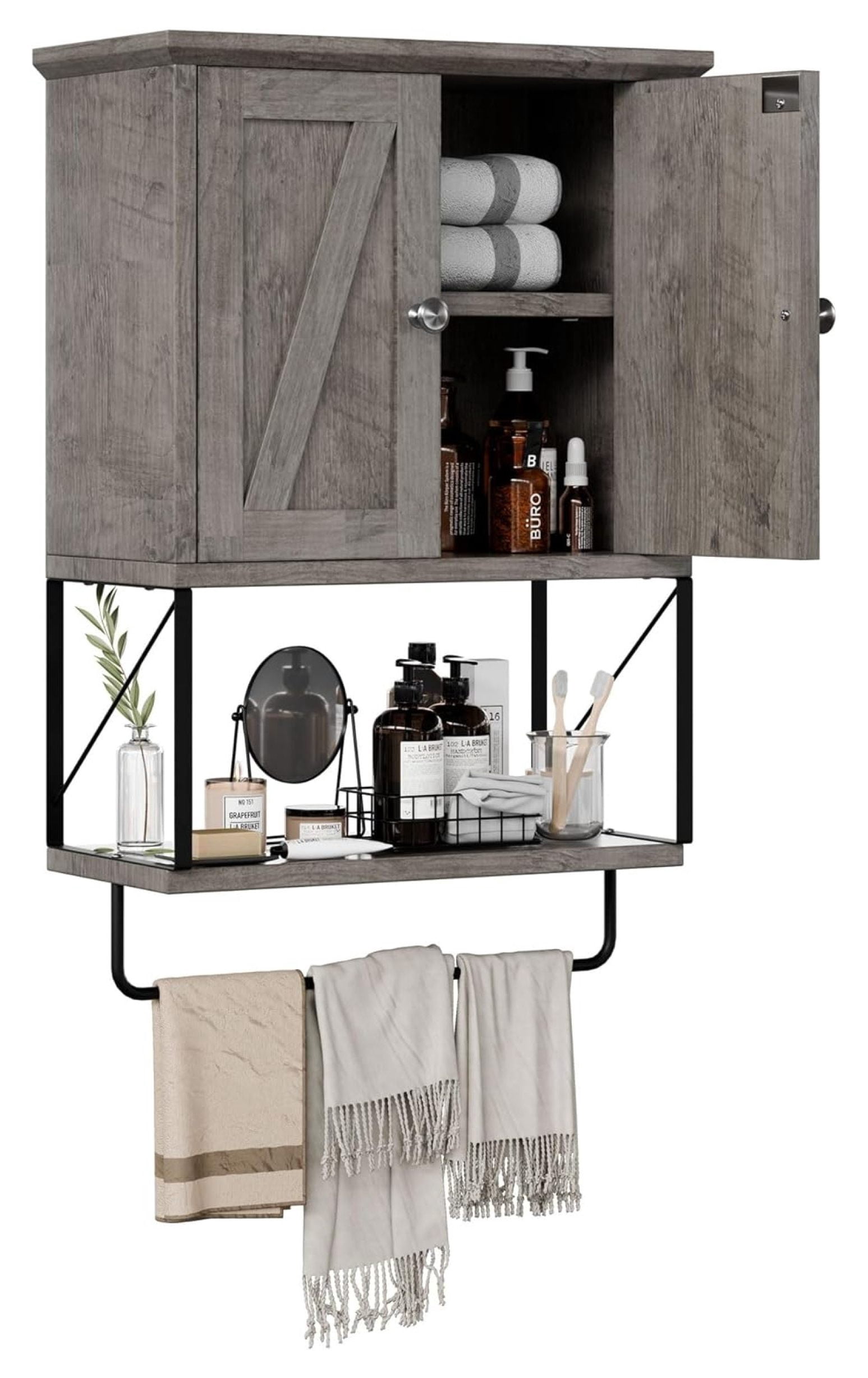 Jiowenm Bathroom Cabinet Wall Mounted with Towels Bar, Over The Toilet Storage Cabinet with ...