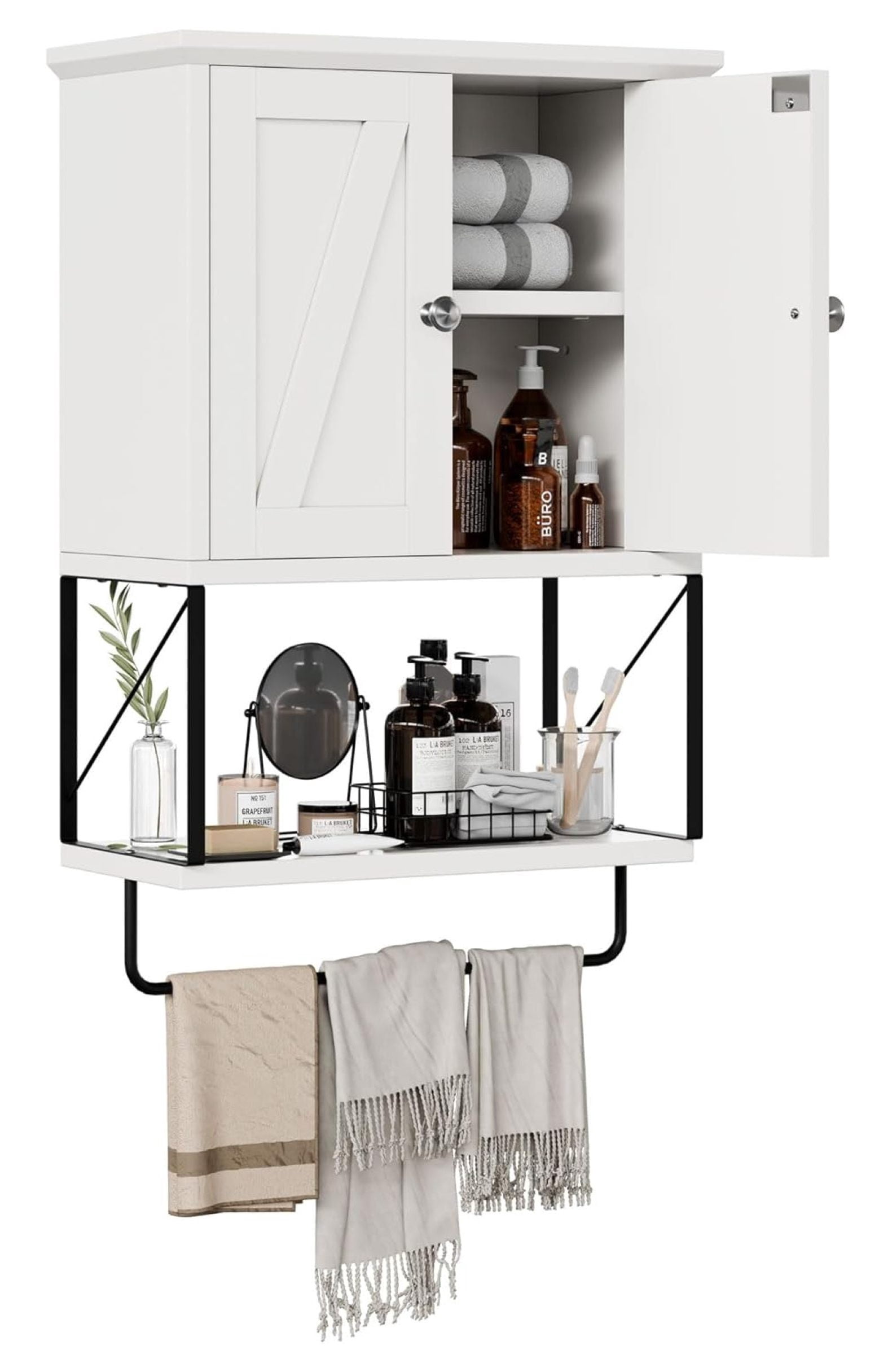 Jiowenm Bathroom Cabinet Wall Mounted with Towels Bar, Over The Toilet Storage Cabinet with ...