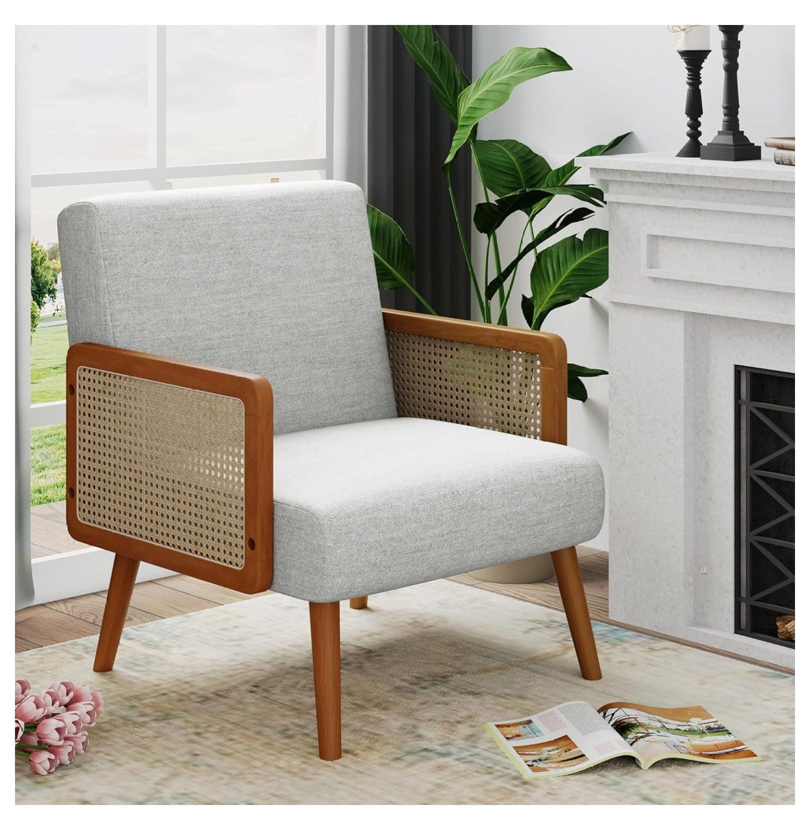 Jiowenm Century Modern Accent Chair with Rattan Arms Linen Upholstered Armchair for Bedroom Living Room Side Chairs Orange Fabric Walmart