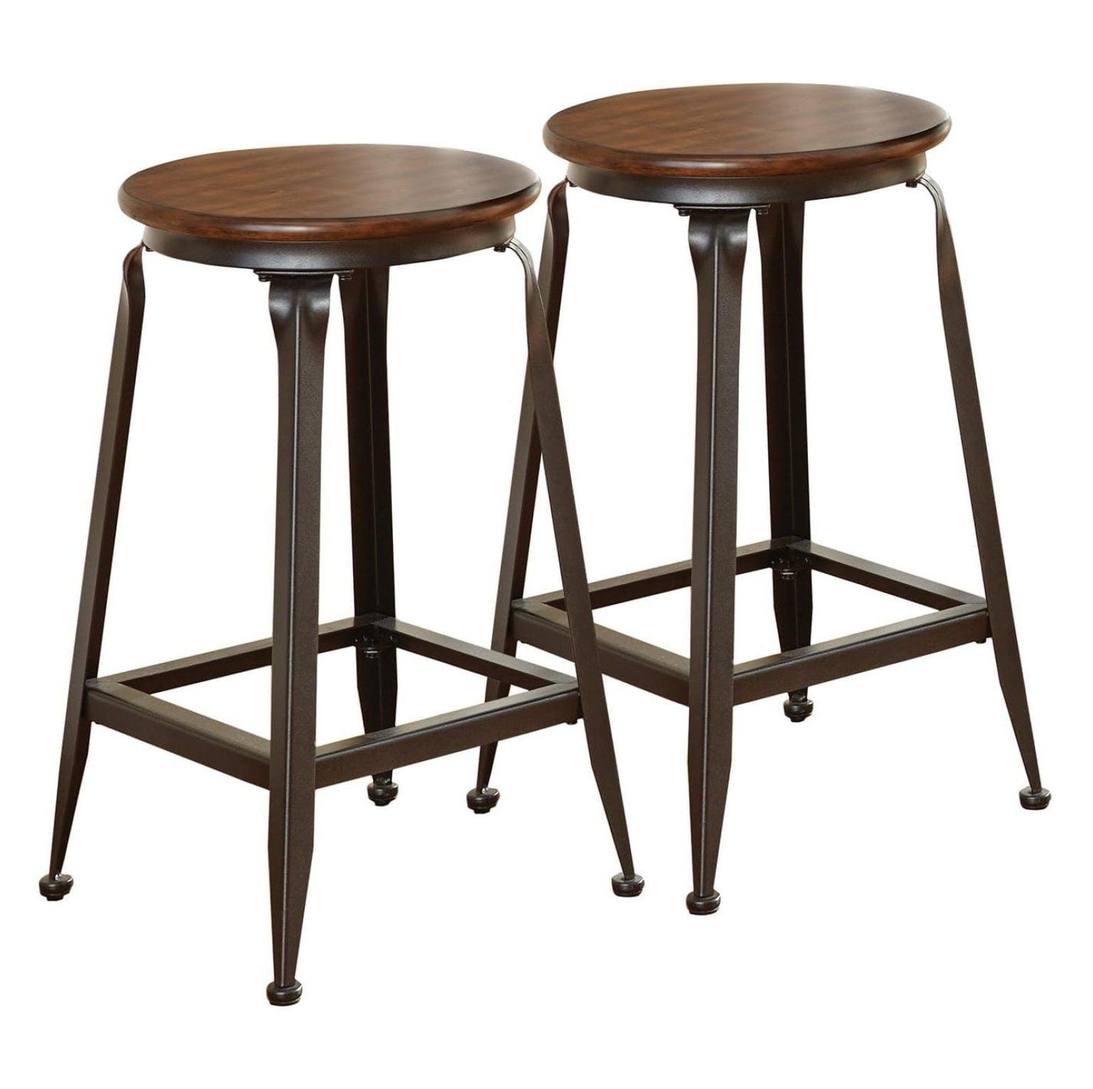 Jaxon 24" Brown Wood and Black Metal Backless Counter Stools, Set of 2