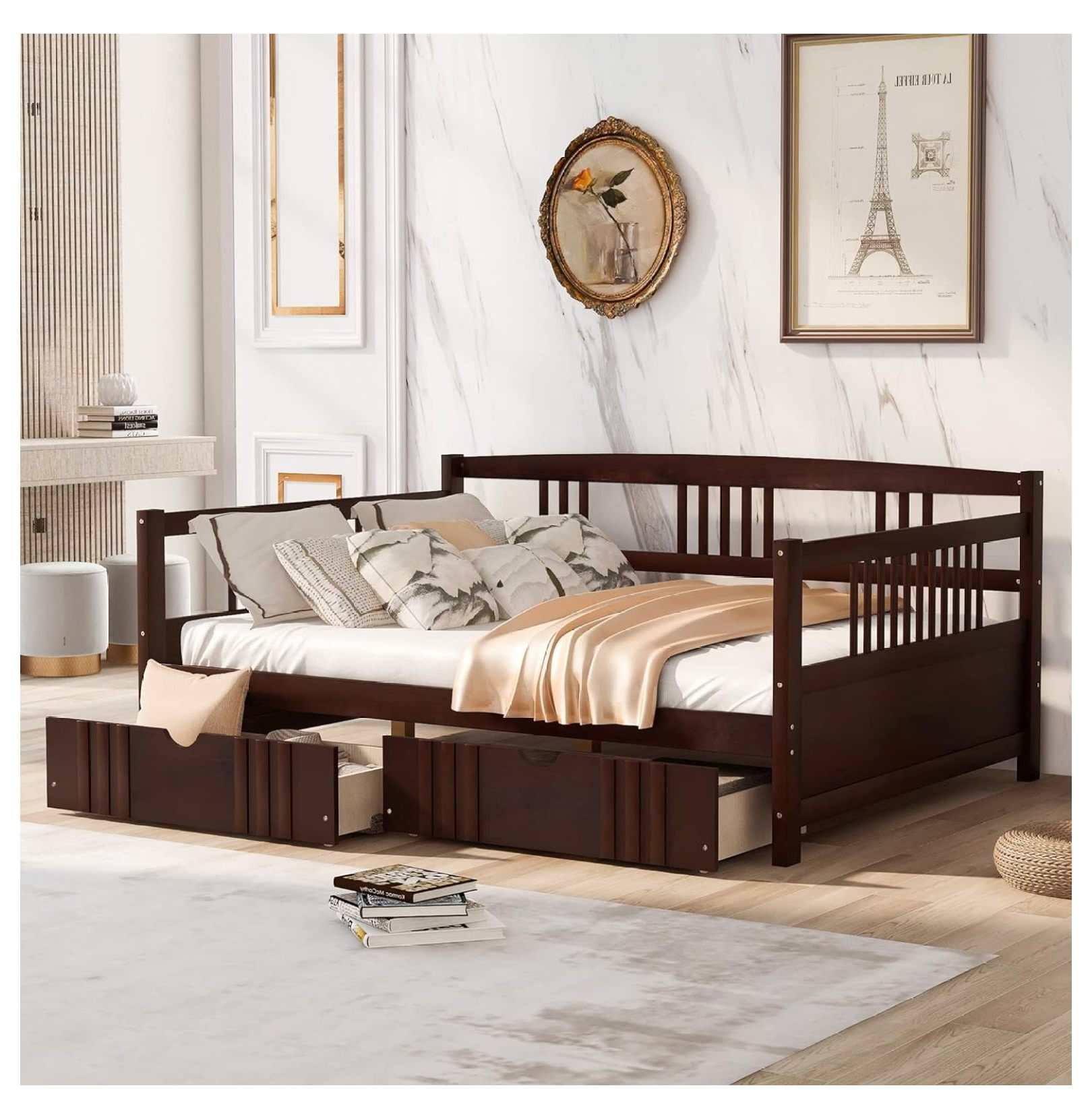 Jiowenm Daybed Bed Wooden Slats Support Modern Living Daybed with Rails