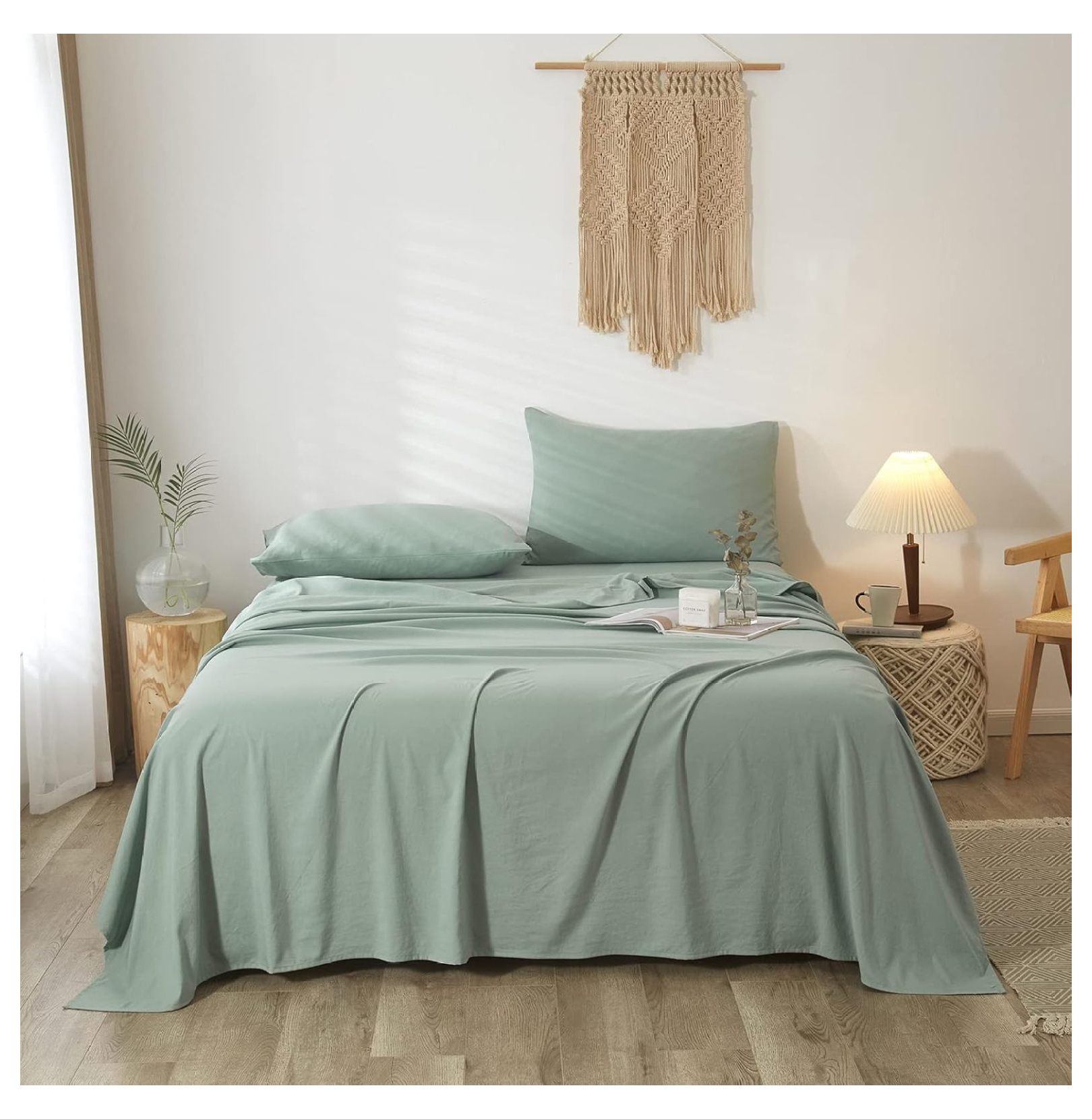 Jiowenm Mist Green Sheet Sets, 4 PC Coolin King Bedding Sheet, Deep Pocket 16", Simple Sage