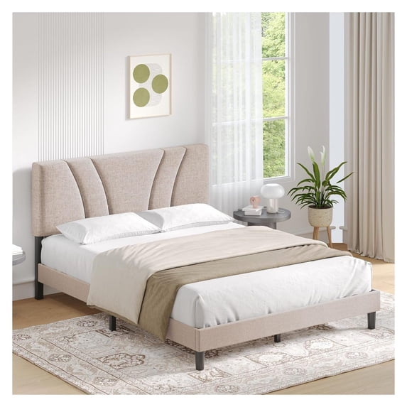 Jiowenm Queen Bed Frame with Upholstered Headboard Bed Frame Queen Size Platform Bed, Noise-, No Box Spring Needed, Easy Assembly, Light Beige