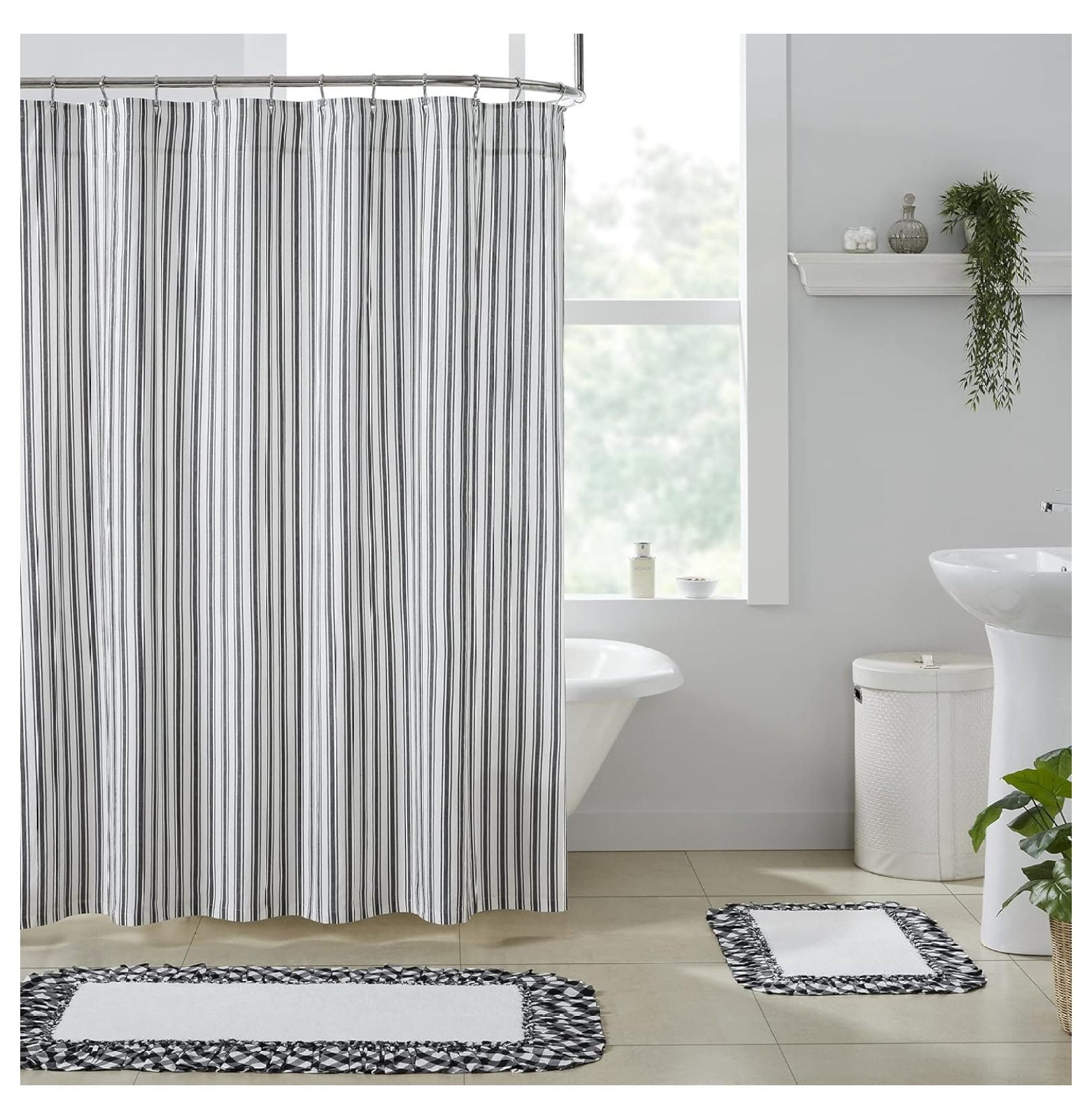 Sawyer Mill Black and White Ticking Stripe Fabric Shower Curtain 72x72