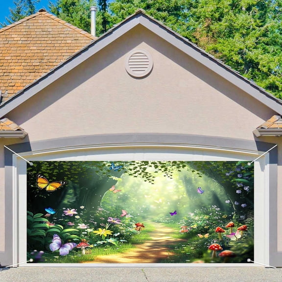 Jipusai Green Spring Enchanted Forest Garage Door Decorations Cover, Butterfly Flower Mushroom Fairytale Wonderland Garage Door Banner Backdrop, Garden Fairy Tea Party Decor Banner Cover, 16X7FT C99