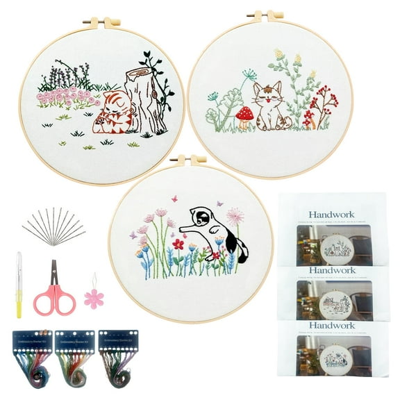 Jiroutk Embroidery Kit for Beginners,3 Sets Cat Embroidery Kits,Embroidery Stitch Practice kit with Water-Soluble Patterns and Instructions,Needlepoint Sets Include 1 Hoop,Color Threads and Needles