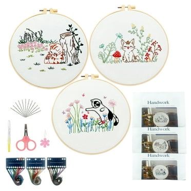 Jiroutk Embroidery Kit for Beginners,3 Sets  Cat Embroidery Kits,Embroidery Stitch Practice kit with Water-Soluble Patterns and Instructions,Needlepoint Sets Include 1 Hoop,Color Threads and Needles