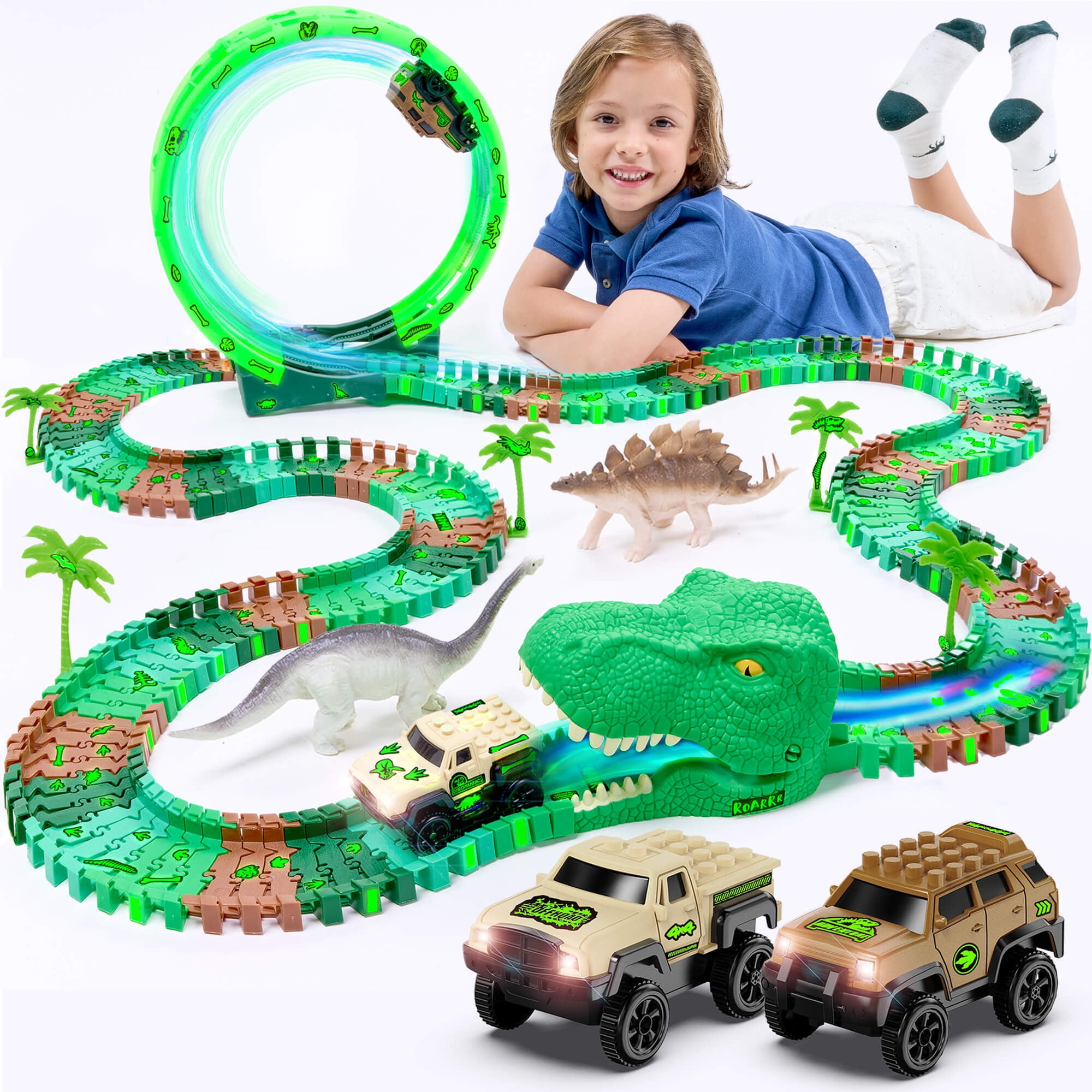 JitteryGit Dinosaur Race Track Glowing Loop Toy Set - Kids Christmas Play Gift Idea - STEM Flexible Car Track for Boys & Girls Ages 3-8