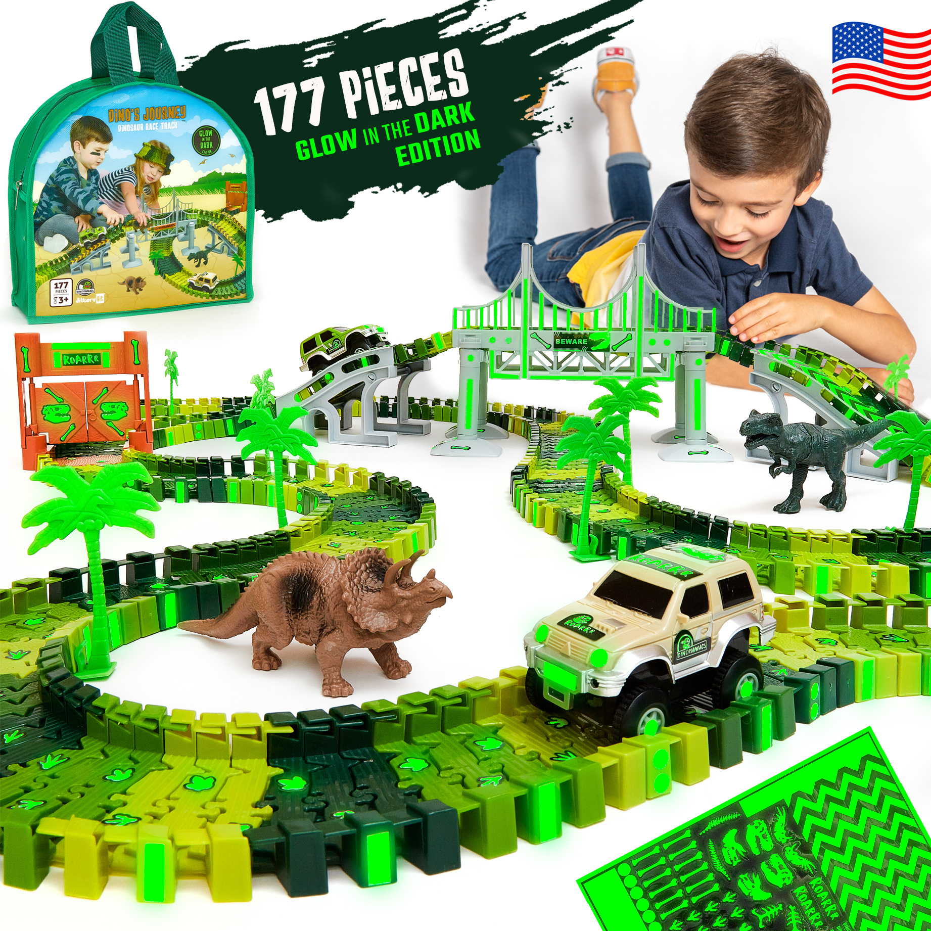 JitteryGit Dinosaur Toys Race Car Track STEM Set | Christmas Gifts For Boys Girls Kids Ages 3 4 5 6 7 8 Years Old - image 1 of 8