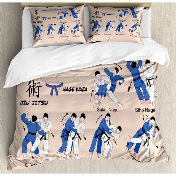 Jiu Jitsu King Size Duvet Cover Set, Martial Arts Defense Techniques Sport Practice Theme Aikido Karate Judo, Decorative 3 Piece Bedding Set with 2 Pillow Shams, Blush Blue and Black, by Ambesonne