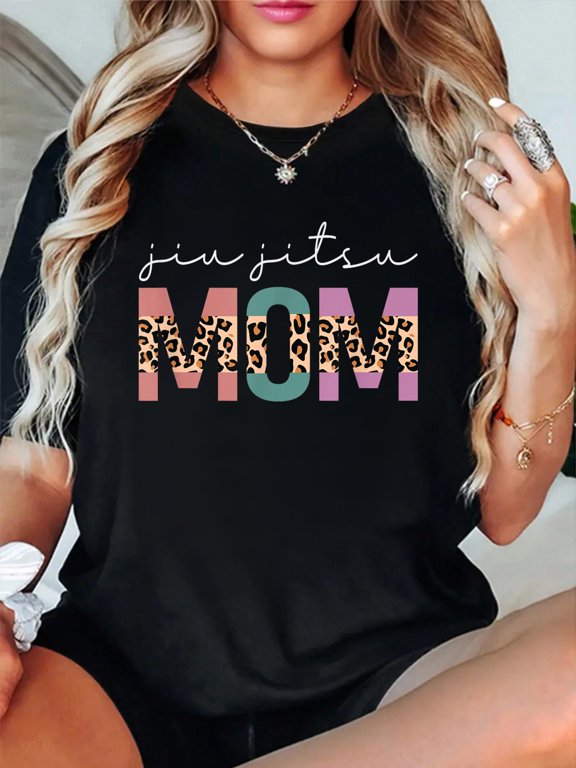 Jiu Jitsu Mom Funny Brazilian JuJitsu Mom Gift Leopard T-Shirt casual short sleeve crew neck cotton tee tops for women