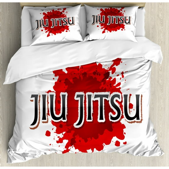 Jiu Jitsu Queen Size Duvet Cover Set, Japanese Martial Arts Typography on Color Splash Background, Decorative 3 Piece Bedding Set with 2 Pillow Shams, Vermilion Charcoal Grey White, by Ambesonne