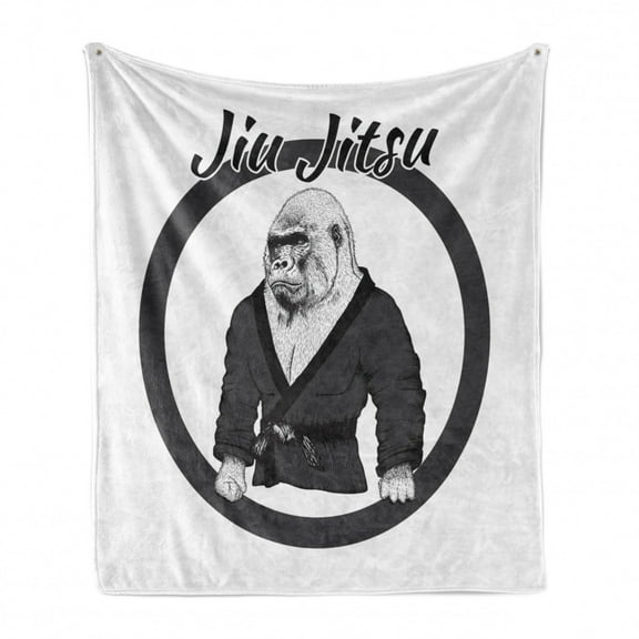 Jiu Jitsu Soft Flannel Fleece Throw Blanket, Wrestler Athlete Gorilla Dressed in Kimono Hand Drawn Style, Cozy Plush for Indoor and Outdoor Use, 50" x 60", Charcoal Grey White, by Ambesonne