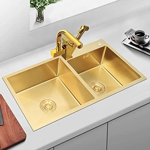 JiuZhuo 32 Inch Stainless Steel Drop-in Kitchen Sink Double Bowls with Drain and Overflow, Gold