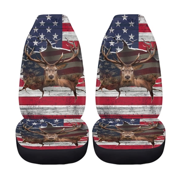 Jiueut 3D Deer American Flag Print Universal Car Seat Covers Full Set of 2, Non-Fading Auto Front Bucket Seats Protector Washable Bucket Seat Covers Fit for SUV, Van, Truck, Sedan