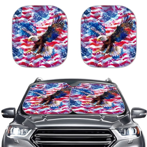 Jiueut American Flag Eagle Lightning Print Car Windshield Sunshade Foldable UV Protection 2 Piece Front Window Visor Sun Shades Universal Fit for Sedan Truck SUVs