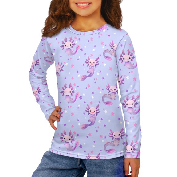 Jiueut Axolotl Print Girls Basic Tee Shirts 9-10t Star Tshirt for Teens Long Sleeve Top for Outdoor Breathable Athletic Shirt for School Soft Fall Sportswear Kids Outfits
