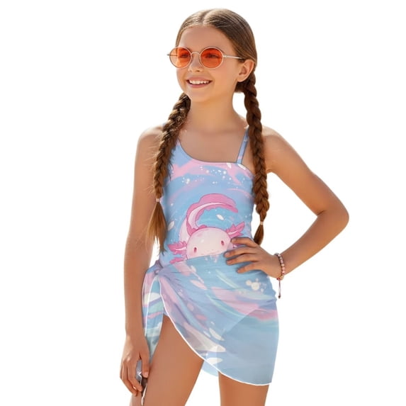Jiueut Axolotl Print Girls Swimsuit with Adjustable Straps One Piece Bathing Suit with Mesh Cover Ups Swimwear 7-18Y