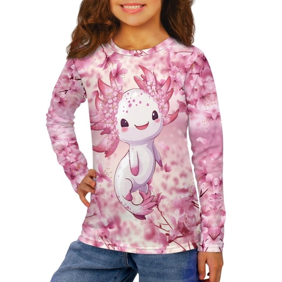 Jiueut Axolotl T Shirts for Girls Size 11-12 Cherry Blossom Long Sleeve Tee for Little Girls Pullover Sweatshirt Kids Crew Neck Shirts Fall Tops Cartoon Winter Clothes