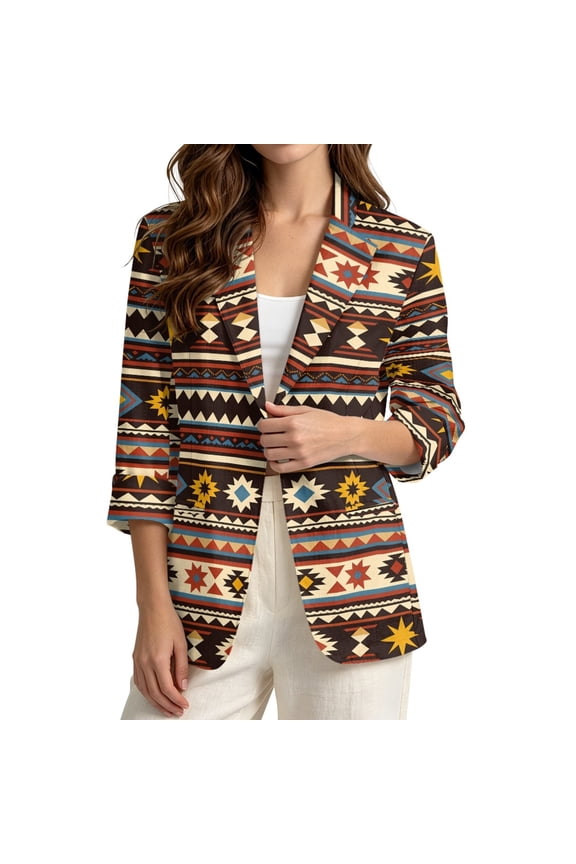 Aztec Geometric Print Casual Womens Linen Like Blazer Wrinkle Resistant Jacket, 3XL