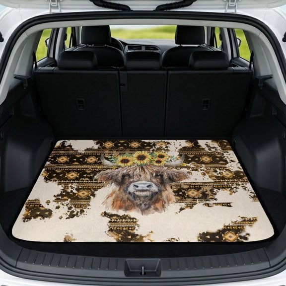 Jiueut Aztec Highland Cattle Sunflower Print Trunk Liners for Cars All Weather Car Cargo Liner Universal Rear Trunk Protection Non-Slip Vehicle Interior Accessories for Sedan SUV Van Truck