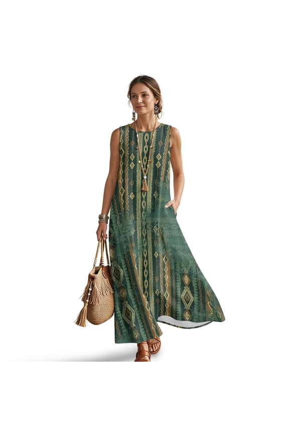 Aztec Tribe Geometric Print Sleeveless Maxi Dress Women with Pockets, Linen Look Flowy Casual Long Sundress Loose Fit Summer Beach Vacation Crewneck Dress, 4XL