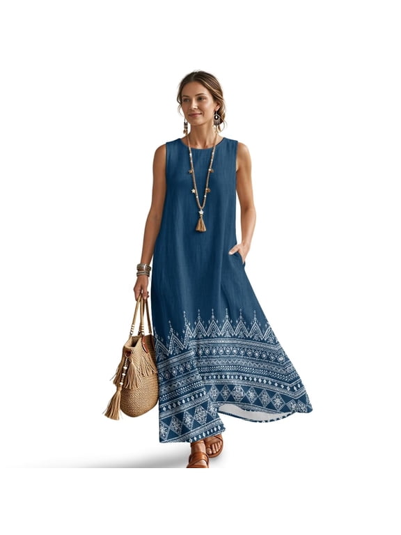 Aztec Tribe Geometric Print Women Summer Casual Sleeveless Maxi Dress 2026 Crewneck Loose Beach Travel Vacation Long Sundress Wrinkle Resistant Linen Look, 3XL