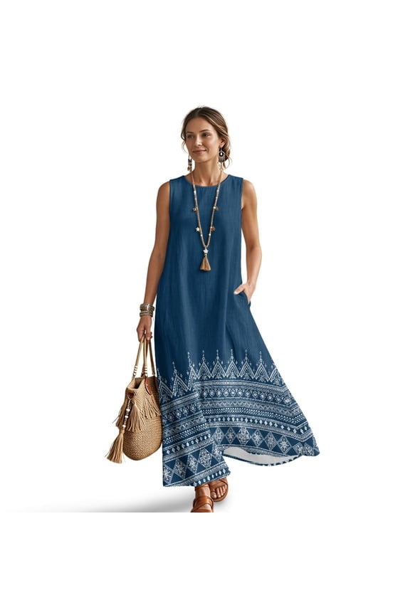 Aztec Tribe Geometric Print Women Summer Casual Sleeveless Maxi Dress 2026 Crewneck Loose Beach Travel Vacation Long Sundress Wrinkle Resistant Linen Look, 2XL