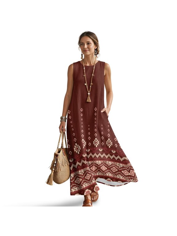 Aztec Tribe Geometric Print Women's Summer Maxi Dress Sleeveless Crewneck Casual Linen Look Summer Dresses for Women Loose Beach Vacation Tank Dress with Pockets, M
