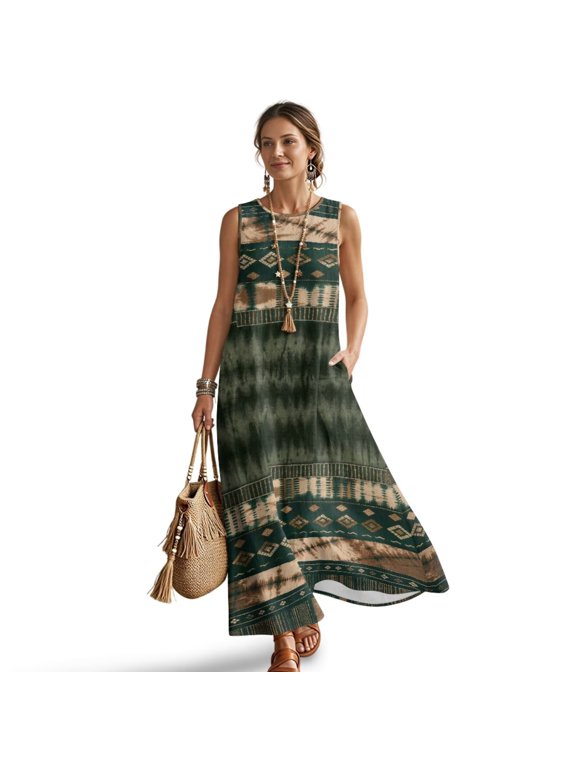 Aztec Tribe Tie Dye Print Summer Dresses for Women Maxi Dresses Long Flowy A Line Sleeveless Sundresses with Pockets for Beach Tropical Travel Crewneck, 3XL