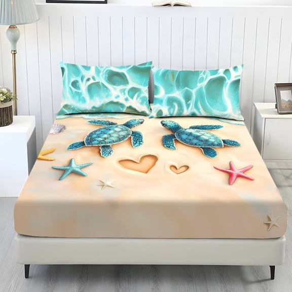 Jiueut Beach Turtle Starfish Print 3 PCS Bed Sheet Set, Comfortable Bedding Set with Fitted Sheet and 2 Pack Soft Pillowcase Washable Bedroom Sheet Set for All Season, Twin XL Size