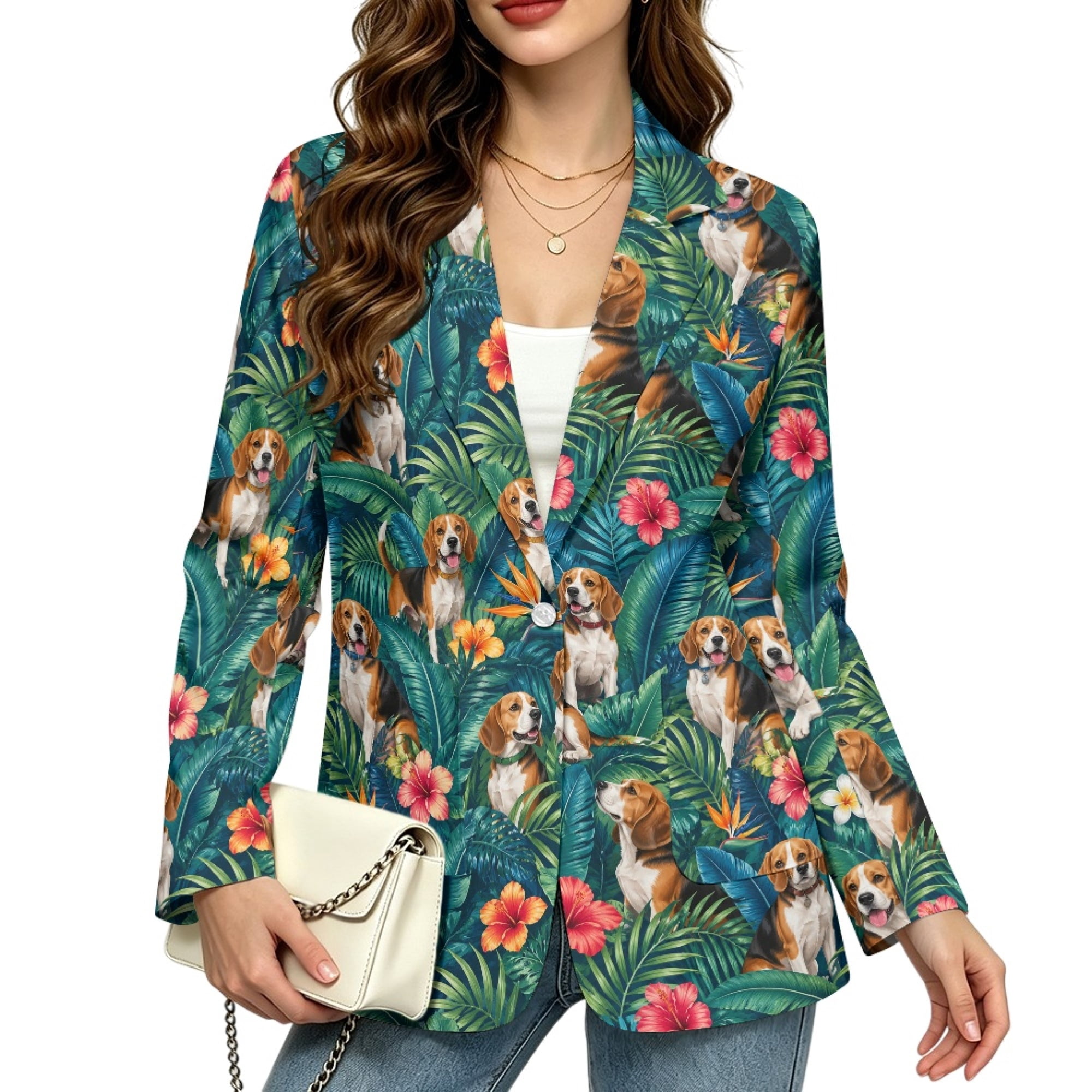 Jiueut Beagle Floral Print Womens Blazer, Dressy Blazer Open Front Lady ...