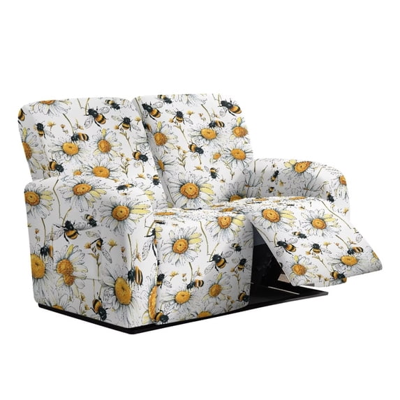 Jiueut Bee Daisy Print Recliner Cover, Wear Resistant Couch Armchair Covers Non Slip Sofa Slipcover with Elastic Band for Leather Sofas