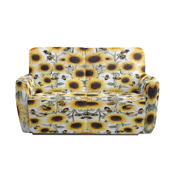 Jiueut Bee Sunflower Print Recliner Cover, Stain Resistant Furniture Protector Dustproof Recliner Slipcover with Elastic Bottom for Most Loveseat Couch