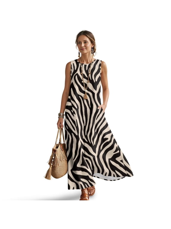 Beige Zebra Stripe Print Sleeveless Maxi Dress for Women with Pockets Wrinkle Resistant Linen Look Long Dress Women Casual Resort Wear Summer Beach Wear, S