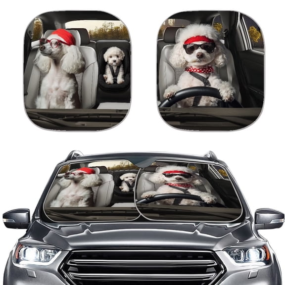Jiueut Bichon Frise Driving Print 2 PCS Front Windshield Sunshade Foldable Reflective Fabric Sun Visor Protector Keep Your Vehicle Cool for Truck SUV Van