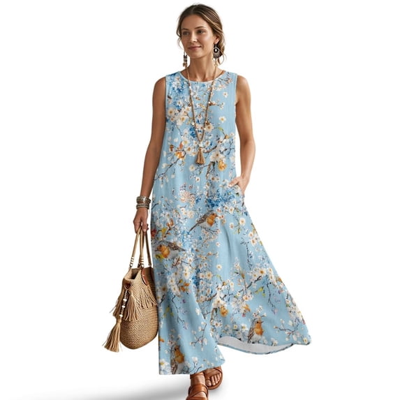 Jiueut Bird Cherry Blossom Print Maxi Dresses for Women 2026 Vacation Casual Sundresses, Linen Look Sleeveless Maxi Dress for Women with Pockets, Flowy Summer Dress, 3XL