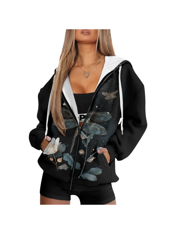 Black Dragonfly Floral Oversized Zip Up Hoodie for Women Long Sleeve Soft Casual Hooded Coat with Pockets Loose Fit Fall Outwear for Daily, Outdoor, Hiking, XL