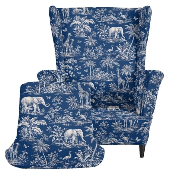 Jiueut Blue Elephant Giraffe Palm Tree Print Wing Chair Covers 2 Piece Stretch Wingback Chair Slipcover Non Slip Armchair Cover Soft Washable Couch Covers for Living Room Bedroom