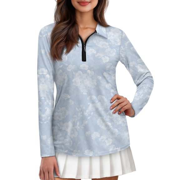 Jiueut Blue Floral Damask Print, Stand Collar Tee Tops for Woman, V Neck Sun Protection Polo Loose Fit for Work Jogging, Size XX-Large