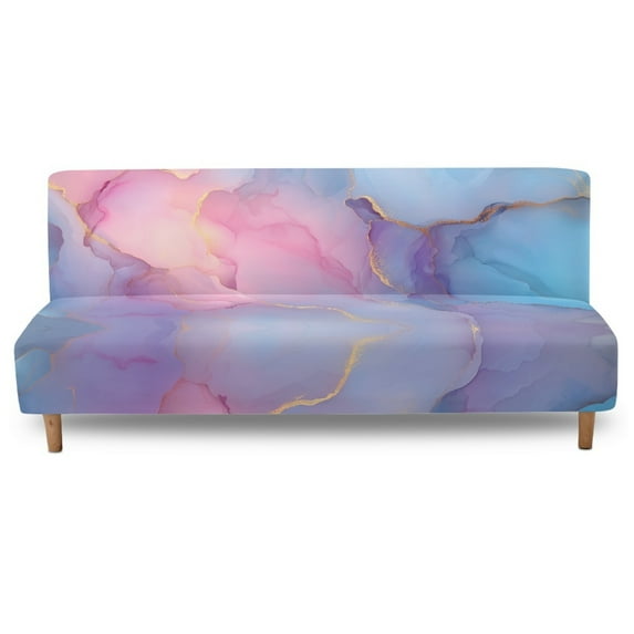 Jiueut Blue Golden Marble Pattern Armless Futon Sofa Slipcover, Soft Non-Armrest Couch Furniture Protector Stretchable Couch Sofa Slipcover with Anti-Slip Straps