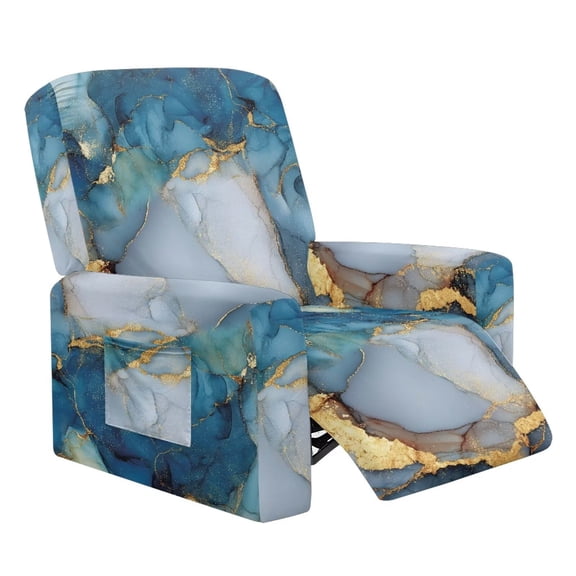 Jiueut Blue Golden Marble Print Recliner Chair Covers, Soft Sofa Slipcover Breathable Reclining Chair Covers with Storage Pockets for Home Use