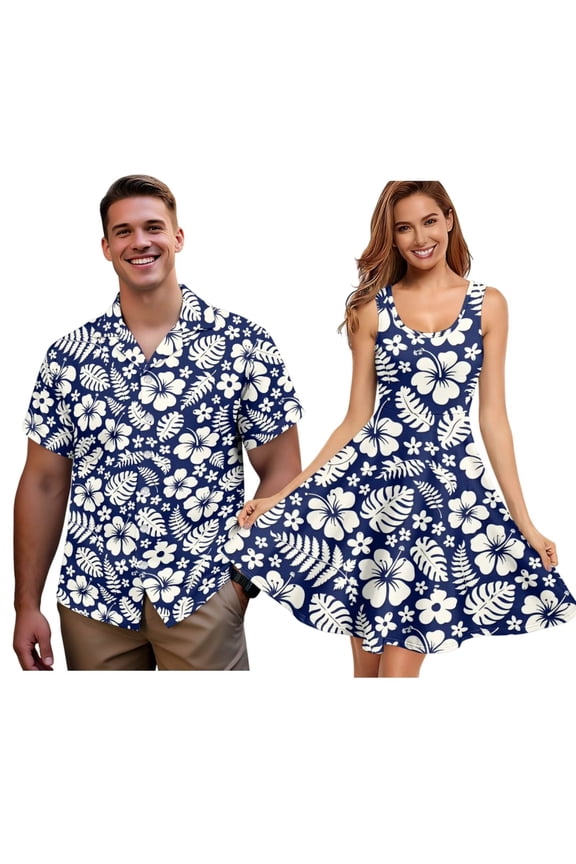 Blue Hibiscus Flower Palm Leaves Pattern Matchable Couple Hawaiian Men V Neck Shirt Women Sleeveless Flowy Sundresses Summer Outfit Aloha Beach Vacation Clothing for Husband Wife, S